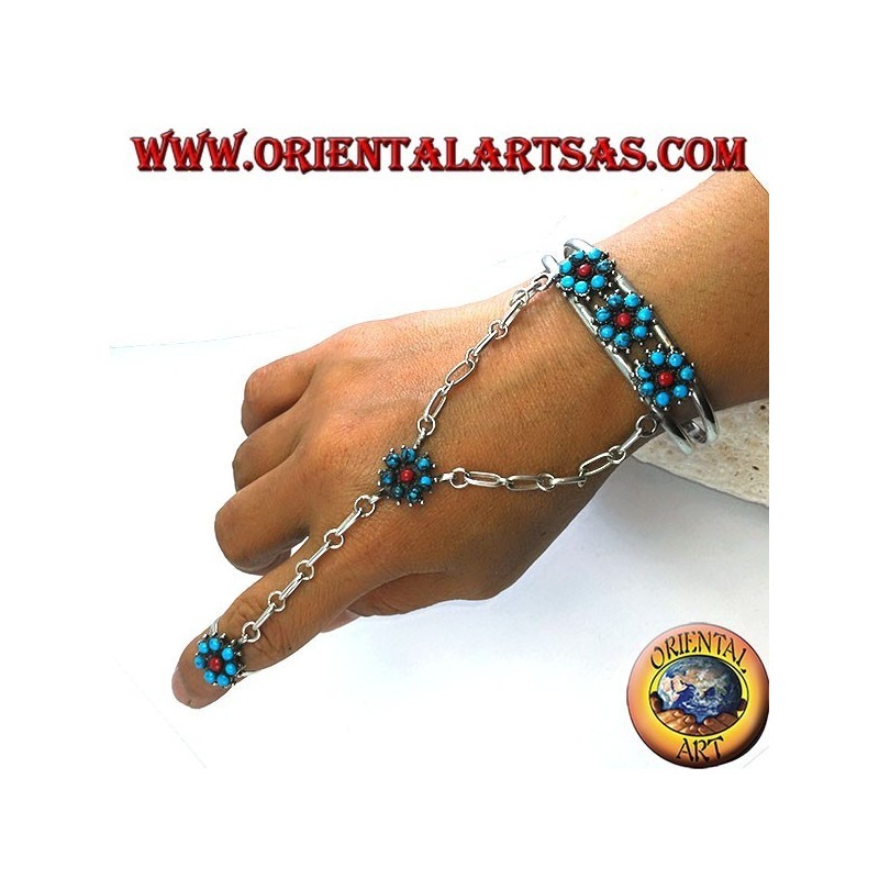 Bracelet de baisers à la main en argent avec turquoise et corail, motif fleur
