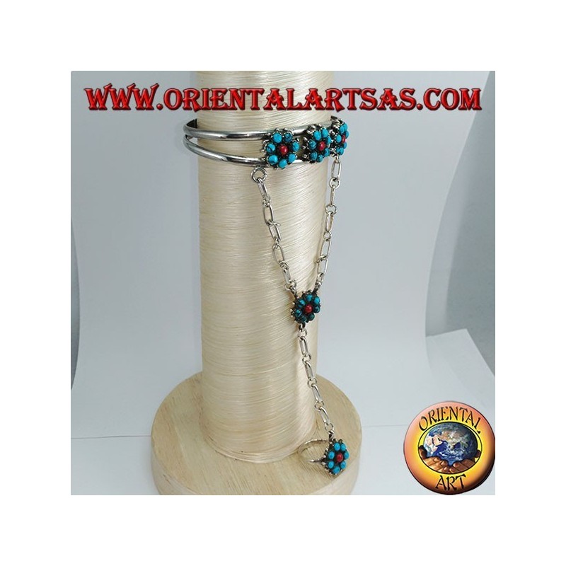 Hand kisses bracelet in sterling silver with turquoise and coral, flower pattern