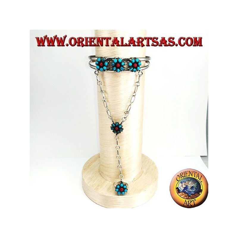 Bracciale baciamano in argento rigido con turchesi e corallo, modello fiore
