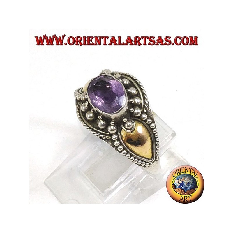 Bague en argent avec plaques d'améthyste et d'or