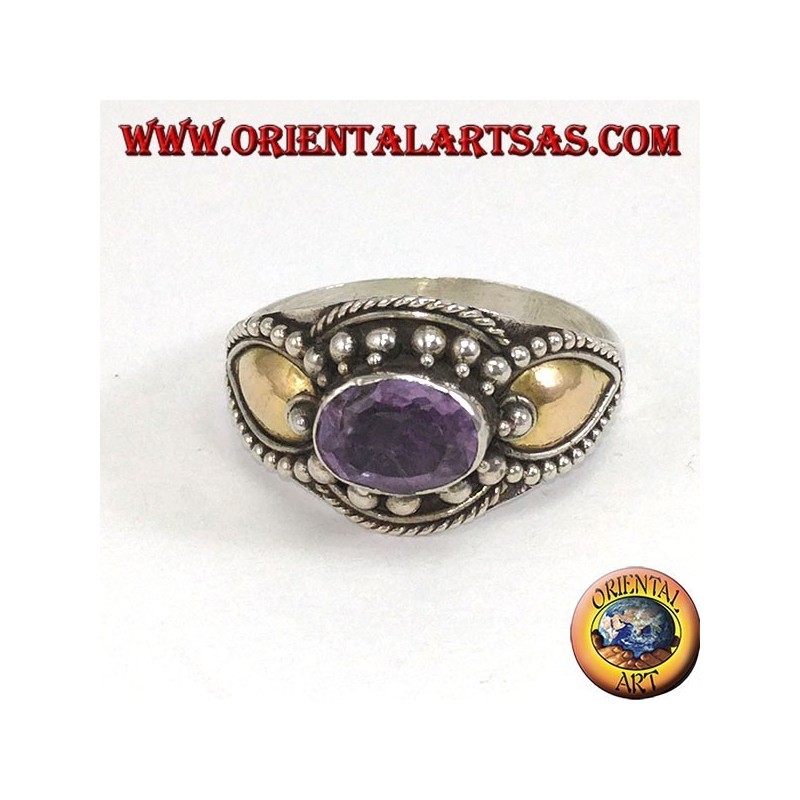 Anello in argento con ametista e piastrine in oro ed ametista