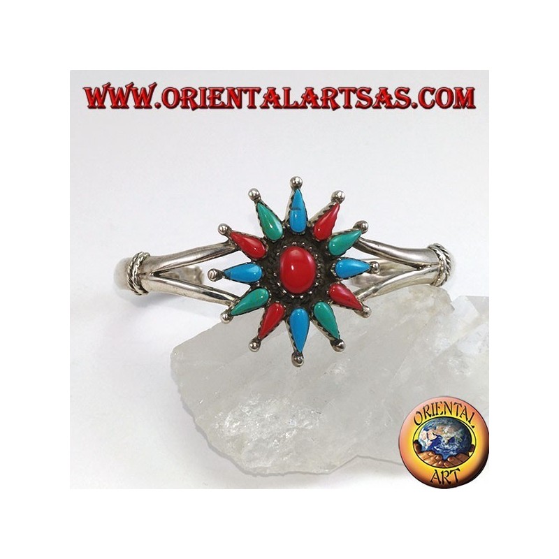 Bracelet rigide en argent, étoile à 12 branches avec corail et turquoise