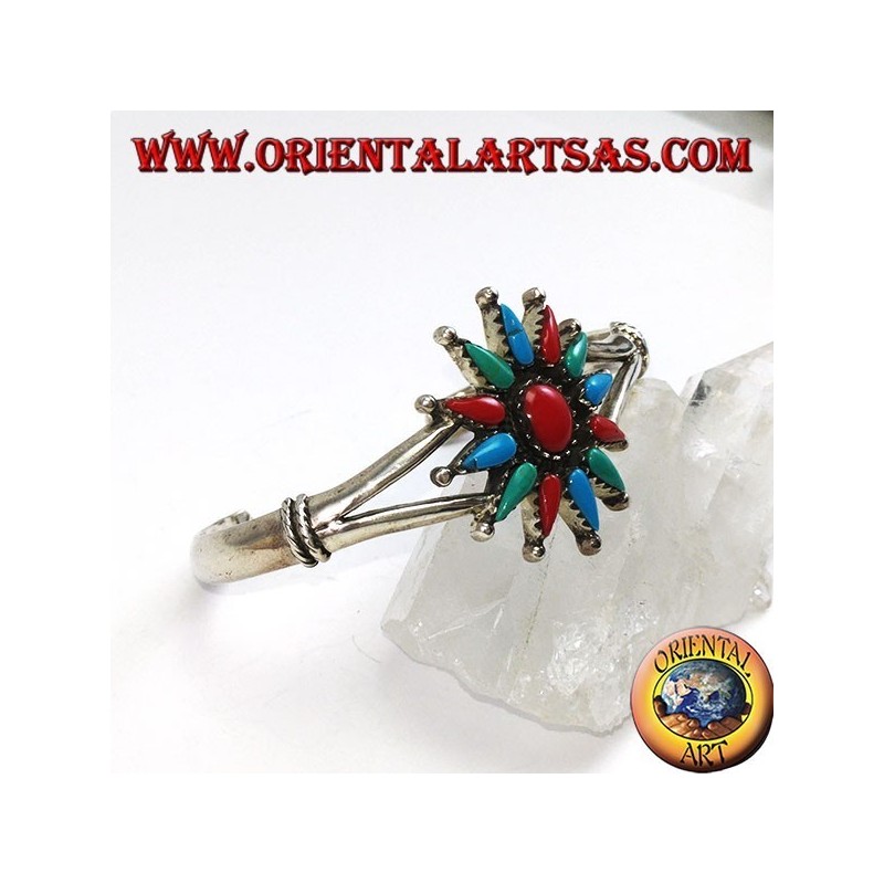Pulsera de plata rígida, estrella de 12 puntas con coral y turquesa