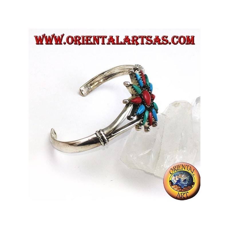 Bracciale rigido in argento, stella a 12 punte con corallo e turchesi