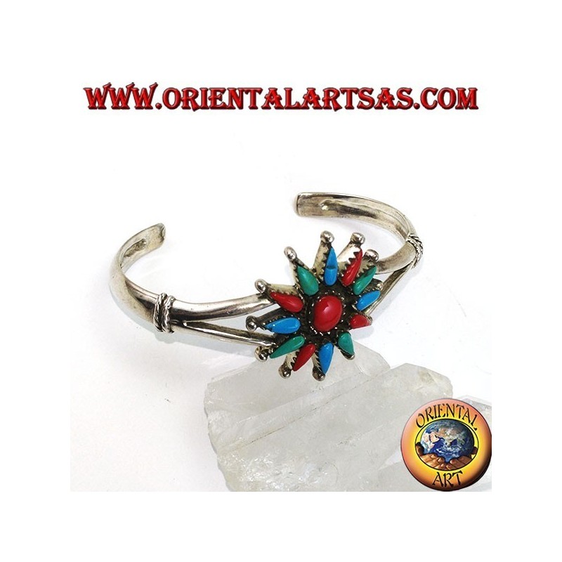 Pulsera de plata rígida, estrella de 12 puntas con coral y turquesa
