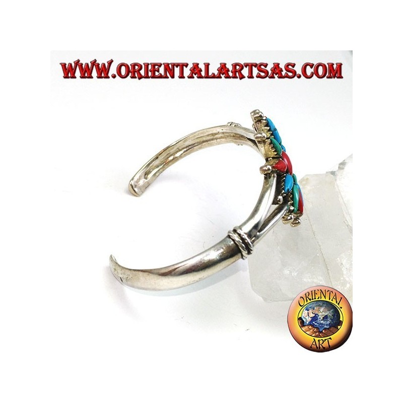 Rigid silver bracelet, 12-pointed star with coral and turquoise