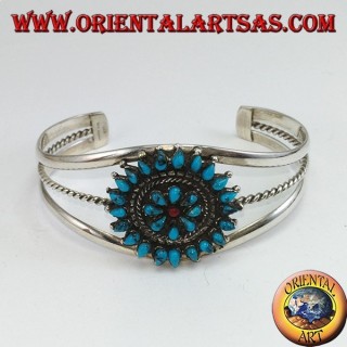Rigid silver bracelet, teardrop turquoise flower