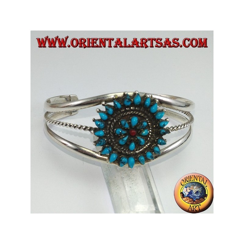 Bracelet en argent rigide, fleur de turquoise en forme de larme