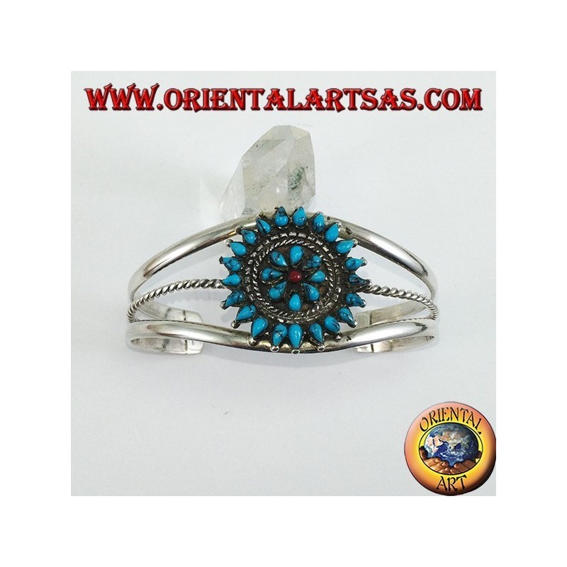 Rigid silver bracelet, teardrop turquoise flower