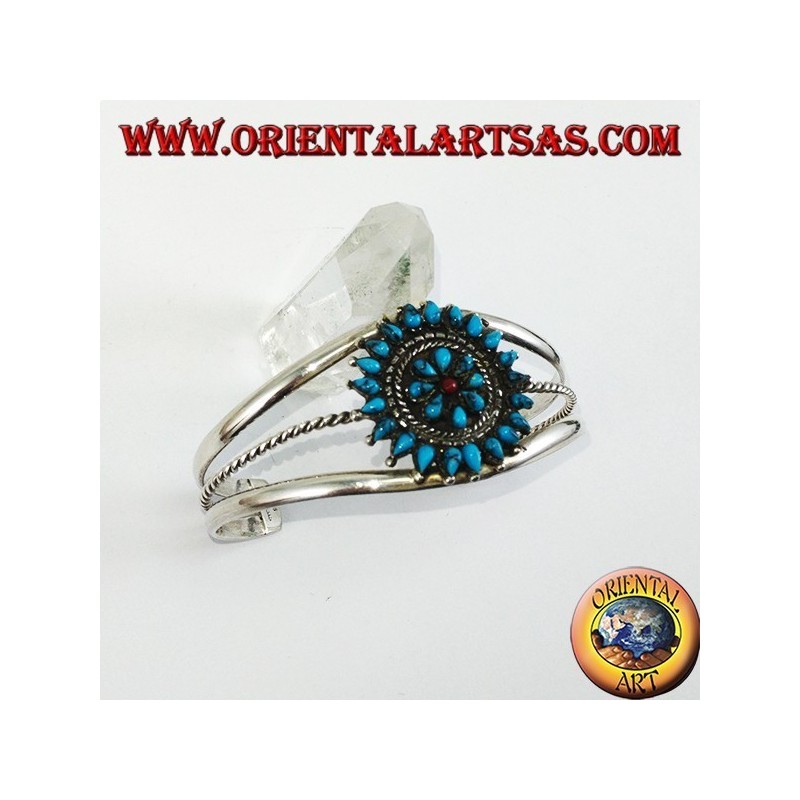 Pulsera de plata rígida, flor de turquesa lágrima