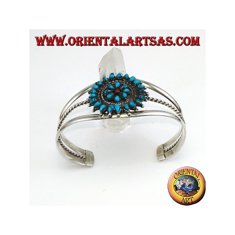 Bracelet en argent rigide, fleur de turquoise en forme de larme