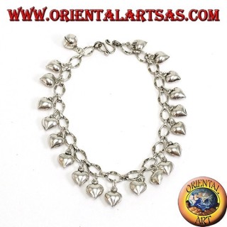 Silver bracelet with hanging hearts and bell ring