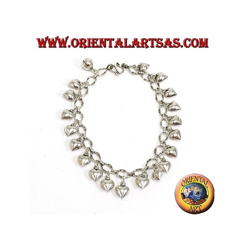 Bracciale in argento ad anelli cuori pendenti e campanellino