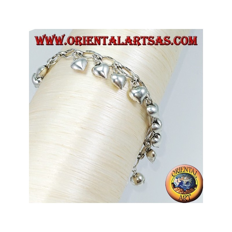 Silver bracelet with hanging hearts and bell ring