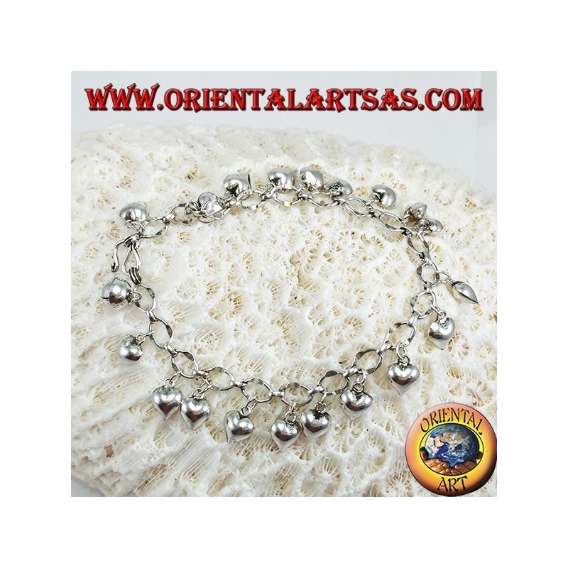 Bracciale in argento ad anelli cuori pendenti e campanellino