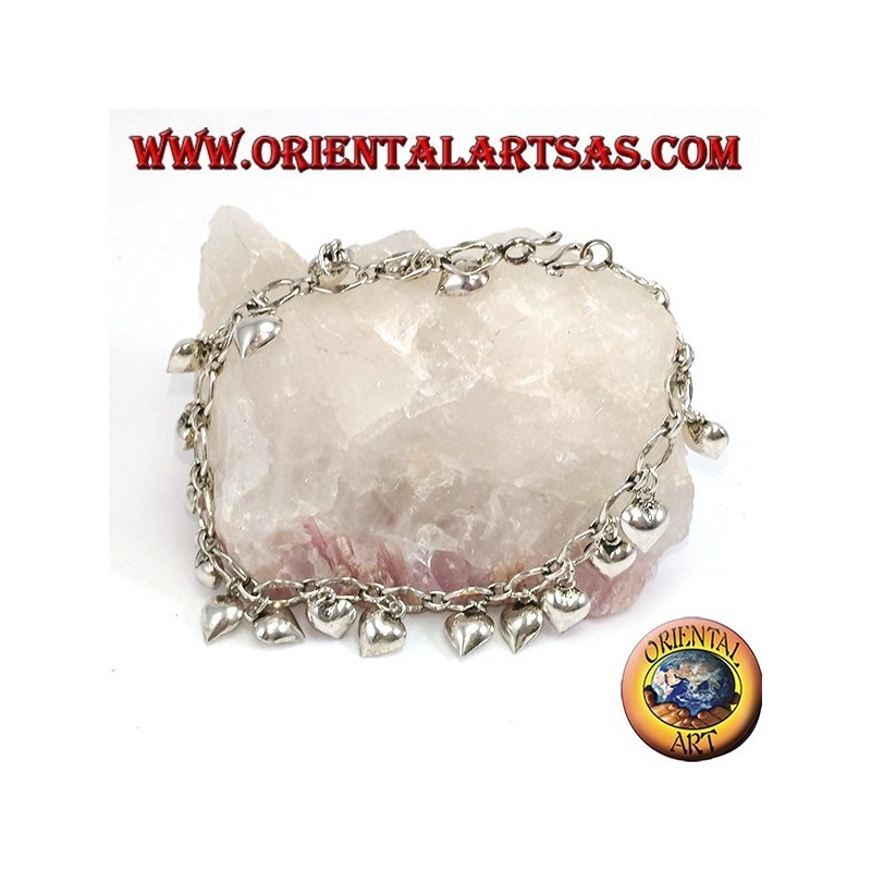 Silver bracelet with hanging hearts and bell ring