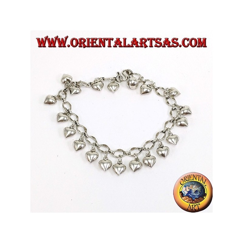 Bracelet en argent avec coeurs suspendus et anneau de cloche