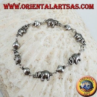 Bracelet of elephants and hearts alternating in a row in silver