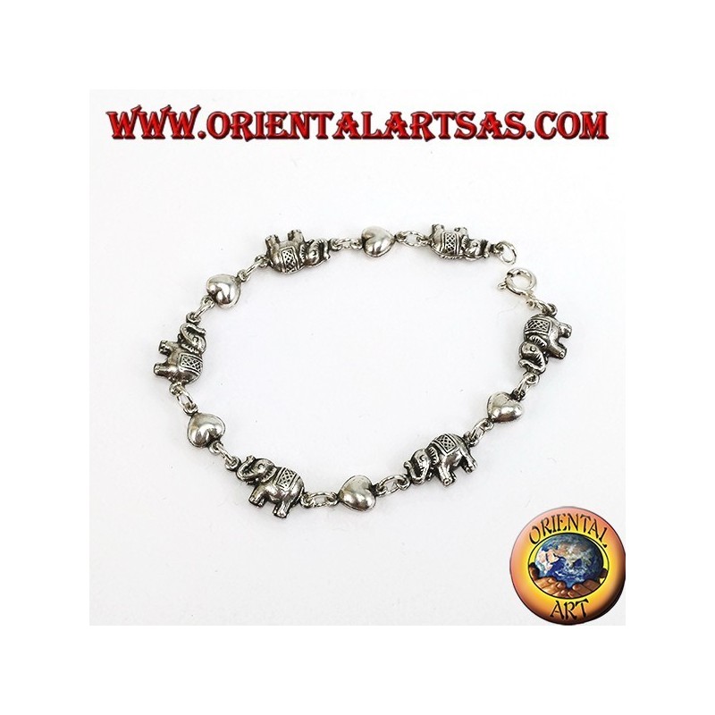 Pulsera de elefantes y corazones que se alternan en una fila en plata