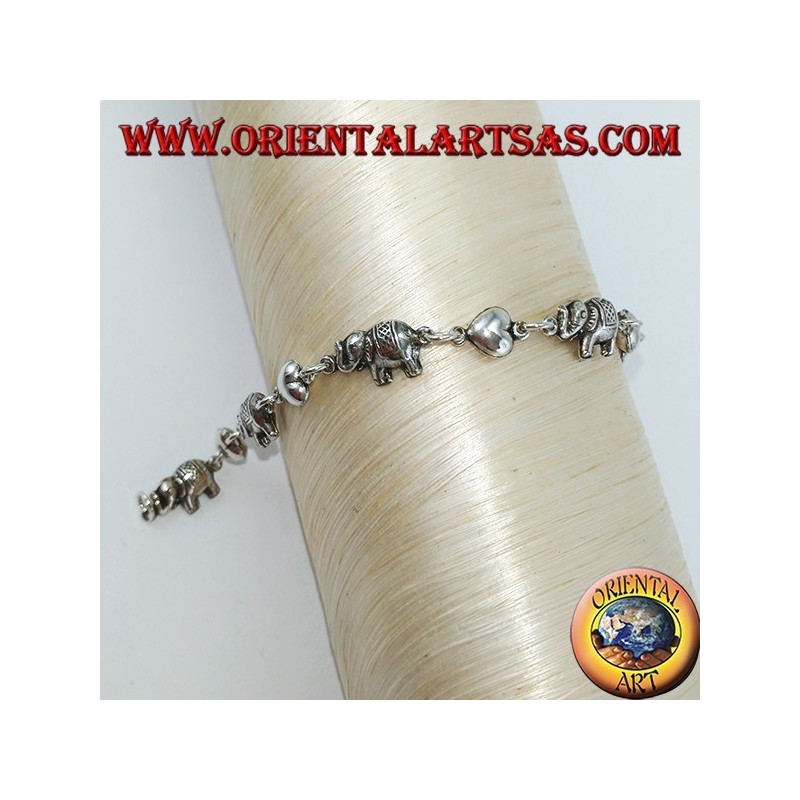 Bracciale di elefanti e cuori alternati in fila in argento