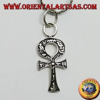 Ciondolo in argento croce ankh con geroglifici, croce dell'amore