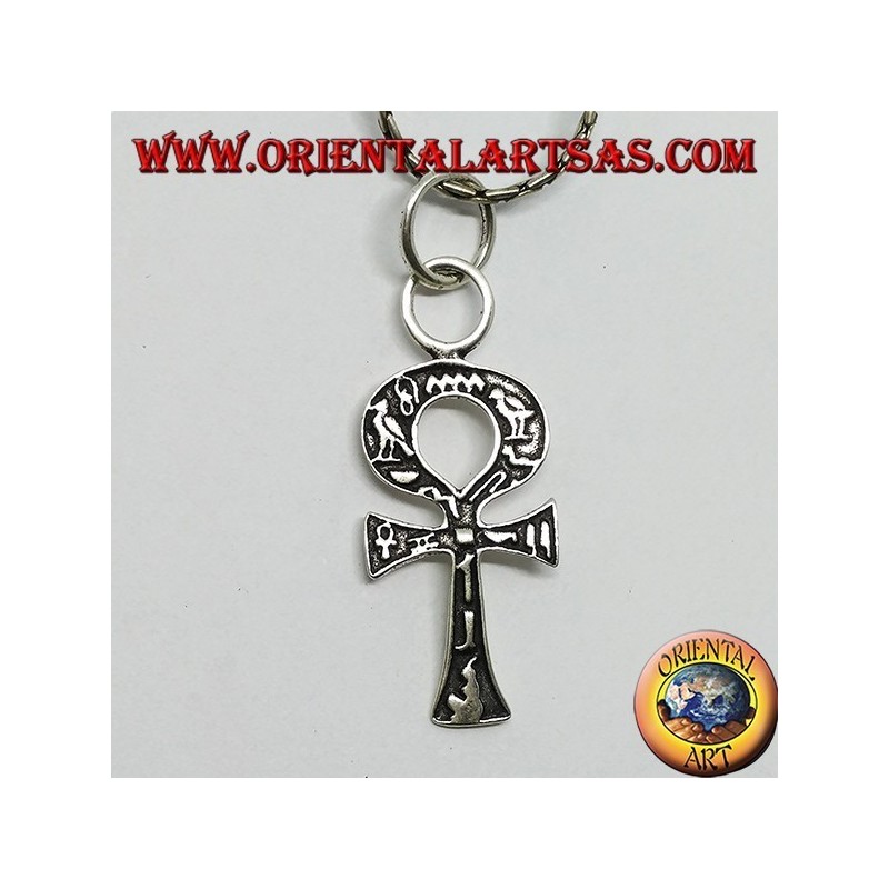 Ciondolo in argento croce ankh con geroglifici, croce dell'amore
