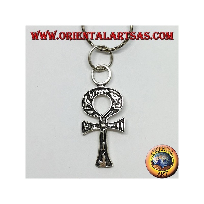 Ciondolo in argento croce ankh con geroglifici, croce dell'amore