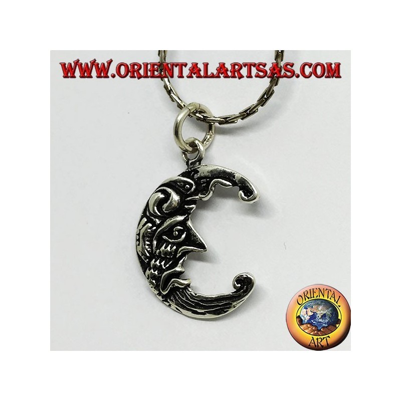 Pendentif en argent des deux côtés de la même lune, triste et heureux