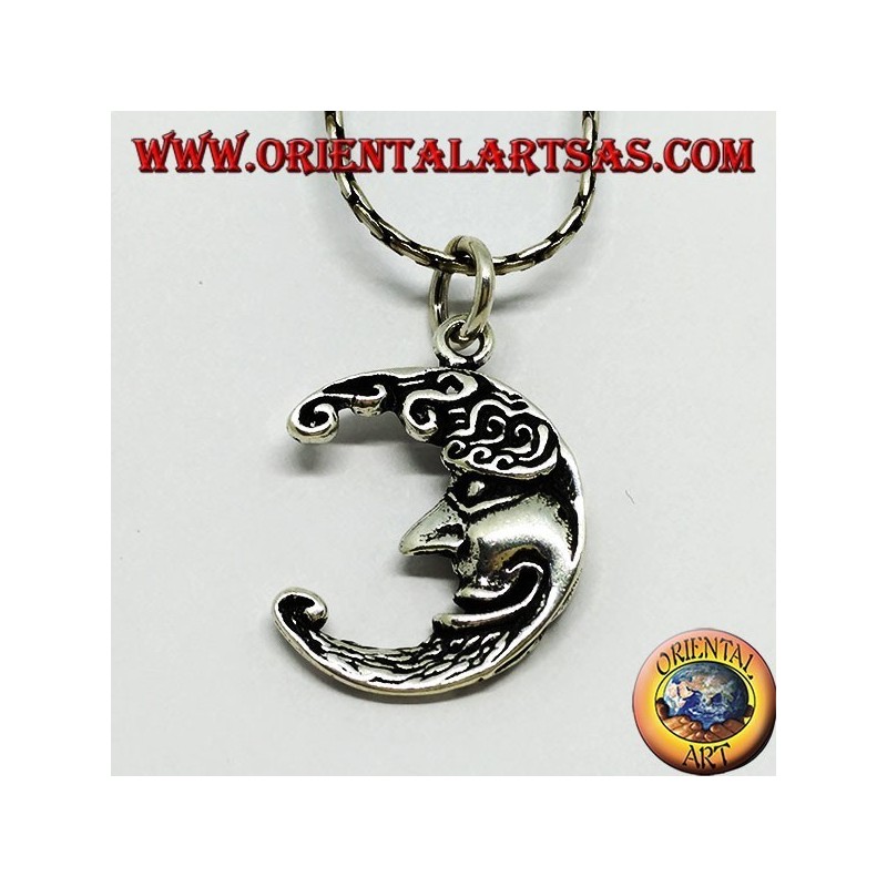 Pendentif en argent des deux côtés de la même lune, triste et heureux