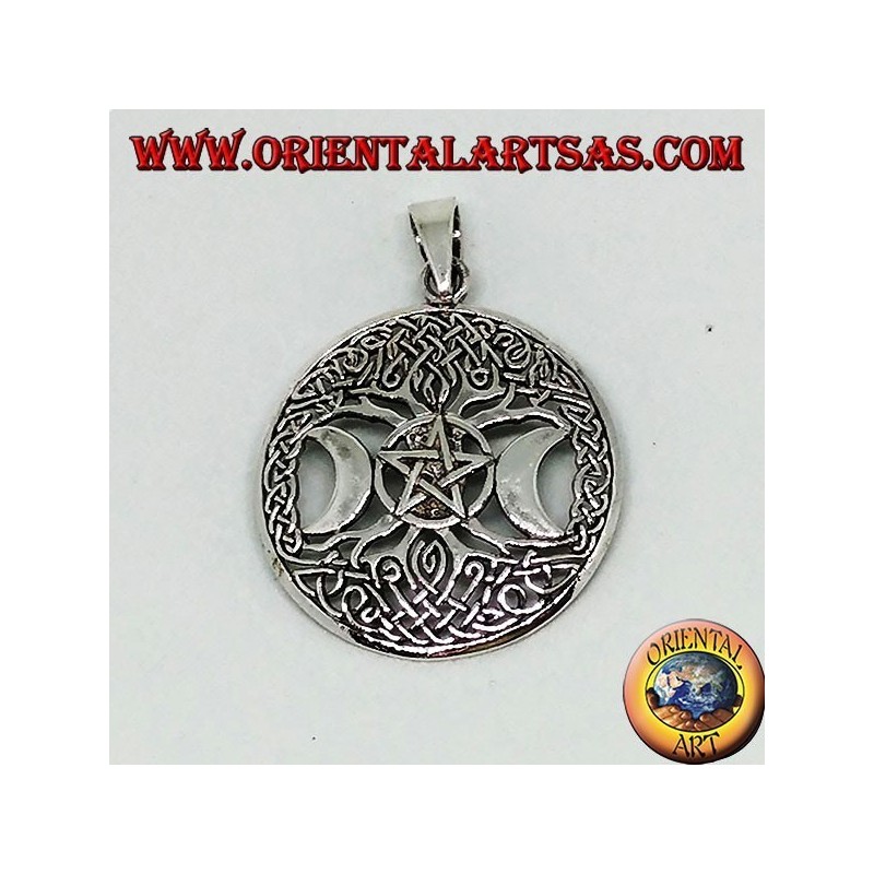 Pendentif en argent, l'arbre de la triple déesse avec pentacle