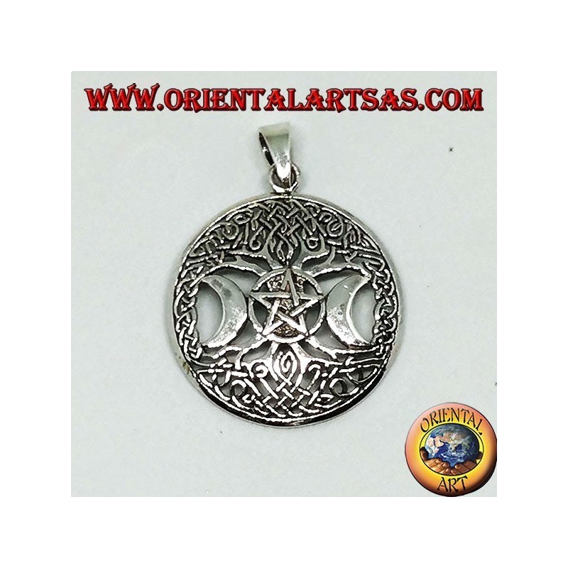 Silver pendant, the tree of the triple Goddess with pentacle
