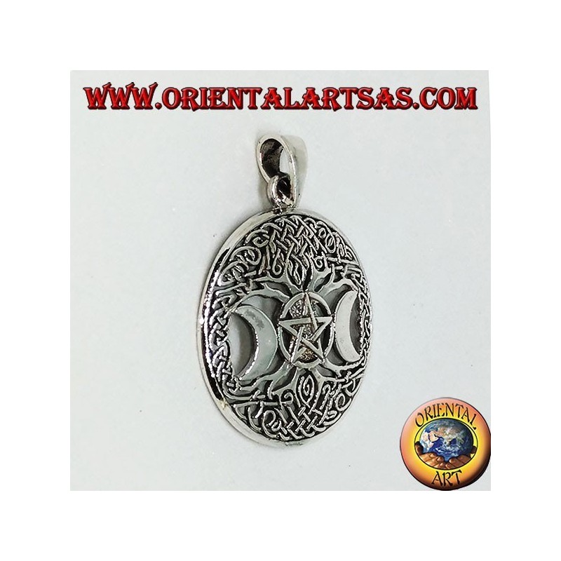 Silver pendant, the tree of the triple Goddess with pentacle