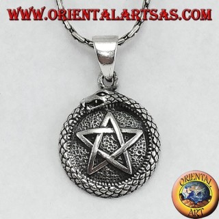 Silver pendant, talisman Uroboro ouroboros with pentacle