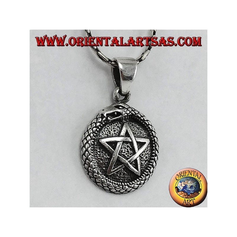 Silver pendant, talisman Uroboro ouroboros with pentacle
