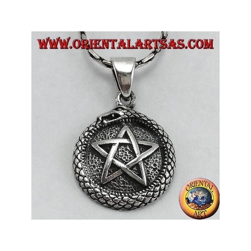 Colgante de plata, talismán Uroboro ouroboros con pentáculo