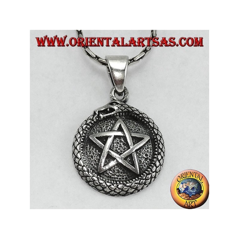 Colgante de plata, talismán Uroboro ouroboros con pentáculo