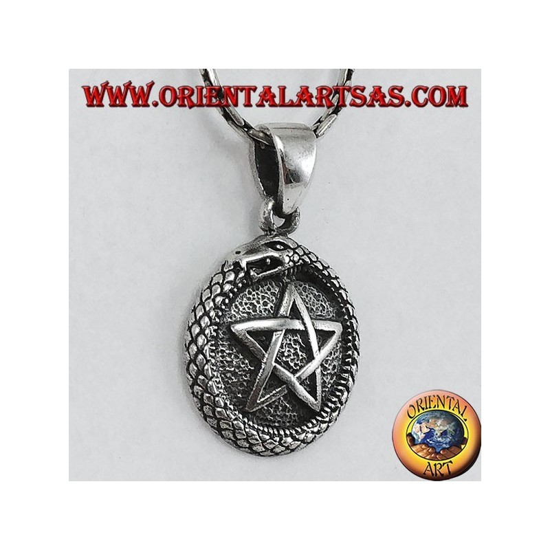 Silberanhänger, Talisman Uroboro ouroboros mit Pentakel
