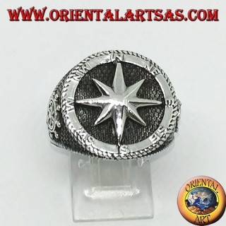 Silver ring with Compass rose, rudder and still on the sides