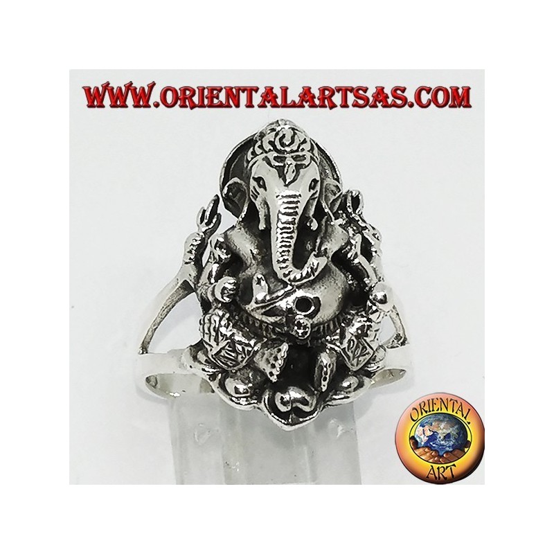 Silver ring with Ganesh sitting on the lotus flower