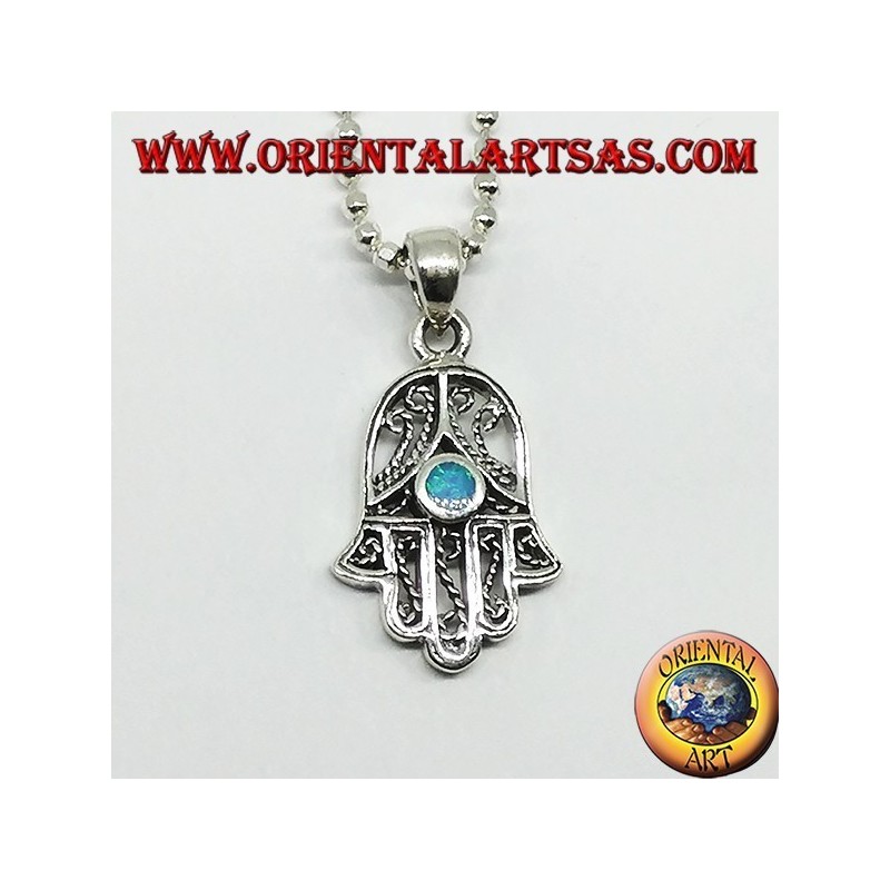 Ciondolo in argento,mano di fatima hamsa con opale 