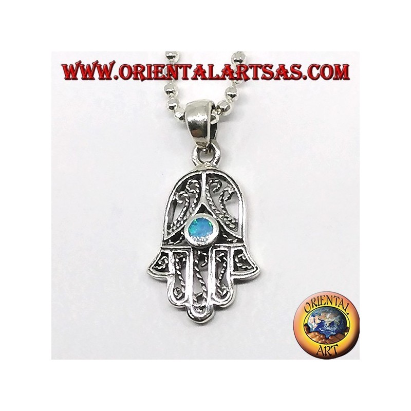 Pendentif en argent, main de fatima hamsa avec opale