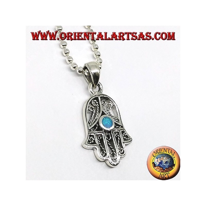 Pendentif en argent, main de fatima hamsa avec opale