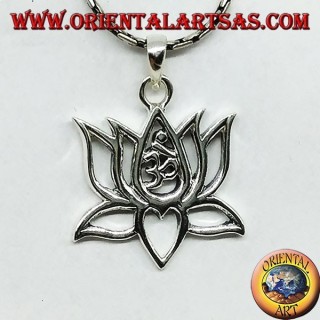 Silver pendant Lotus flower with om sacred central syllable Aum