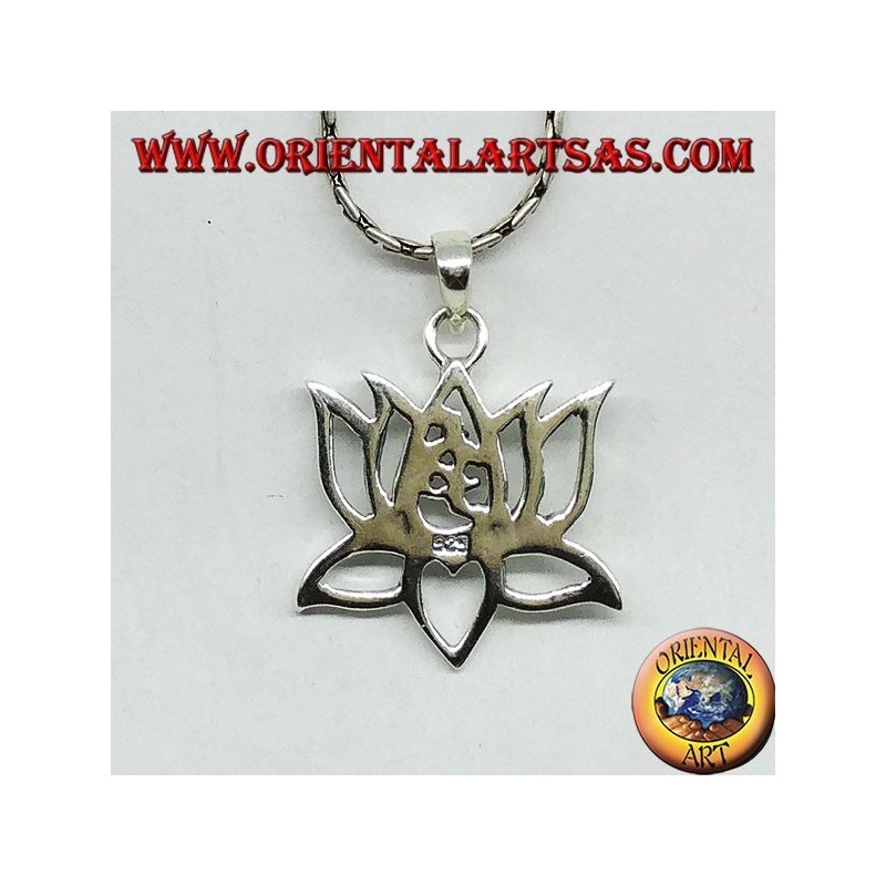 Silver pendant Lotus flower with om sacred central syllable Aum