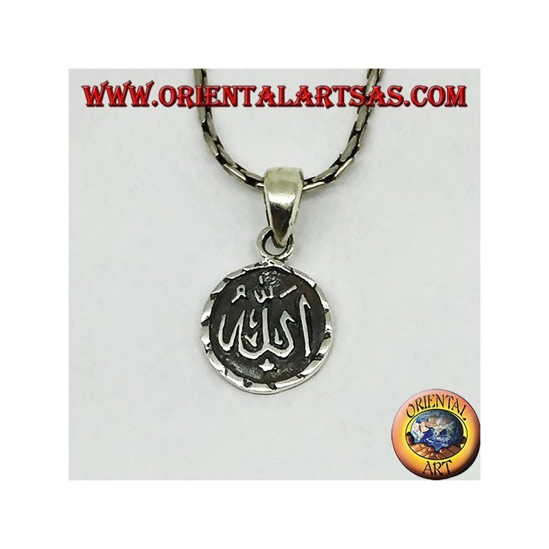 Colgante redondo en plata de doble cara Allah الله y la media luna y estrella