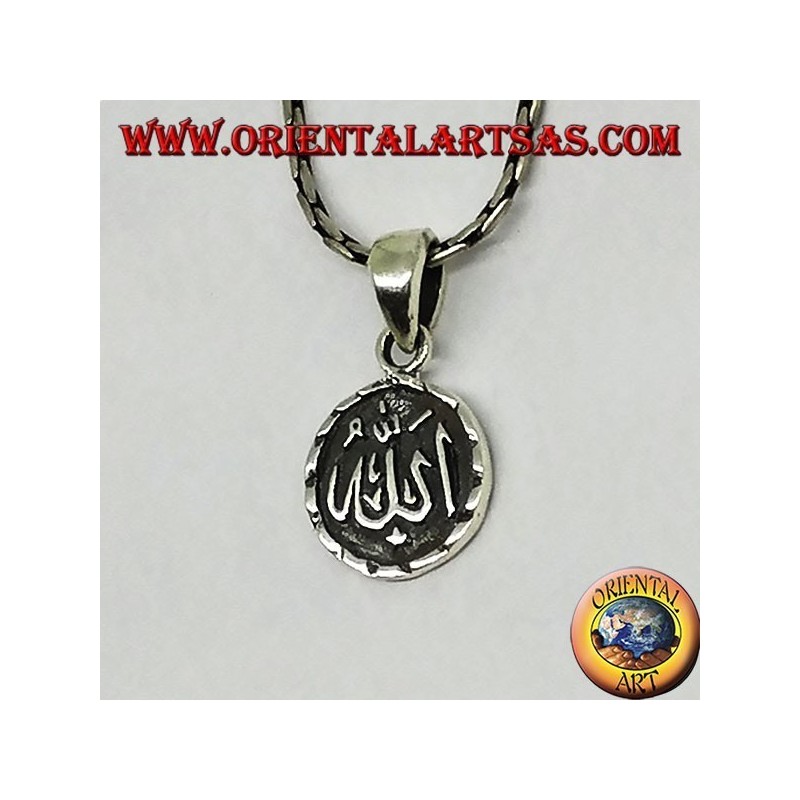 Round pendant in silver double-sided Allah الله and the crescent and star