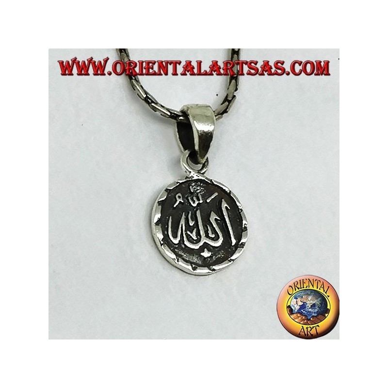 Round pendant in silver double-sided Allah الله and the crescent and star