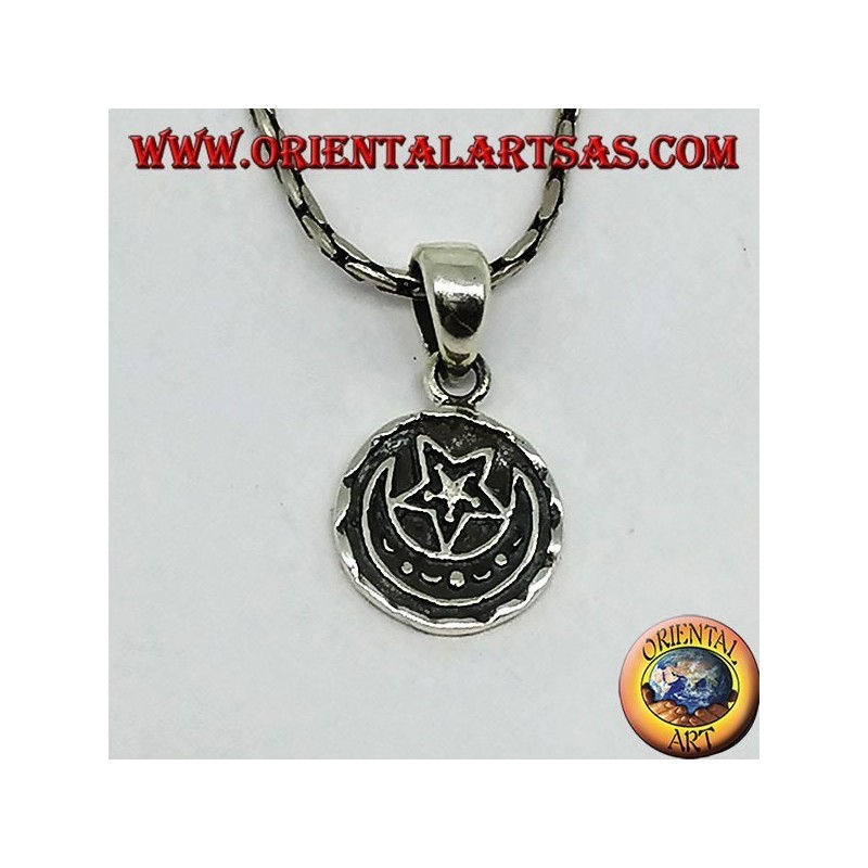Pendentif rond en argent à double face Allah الله et le croissant et l'étoile