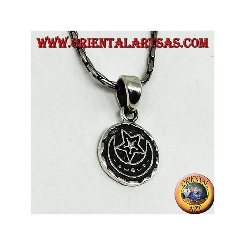 Round pendant in silver double-sided Allah الله and the crescent and star