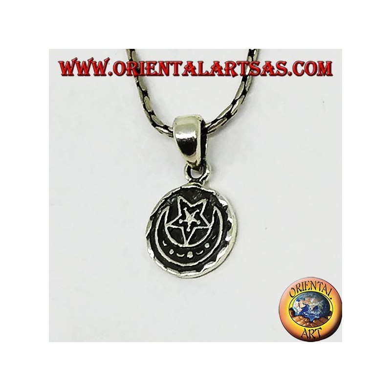 Pendentif rond en argent à double face Allah الله et le croissant et l'étoile
